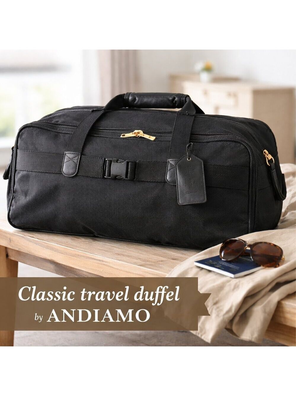 Andiamo Black Nylon Leather Trim Duffel Bag | Weekender Carry On Travel Bag